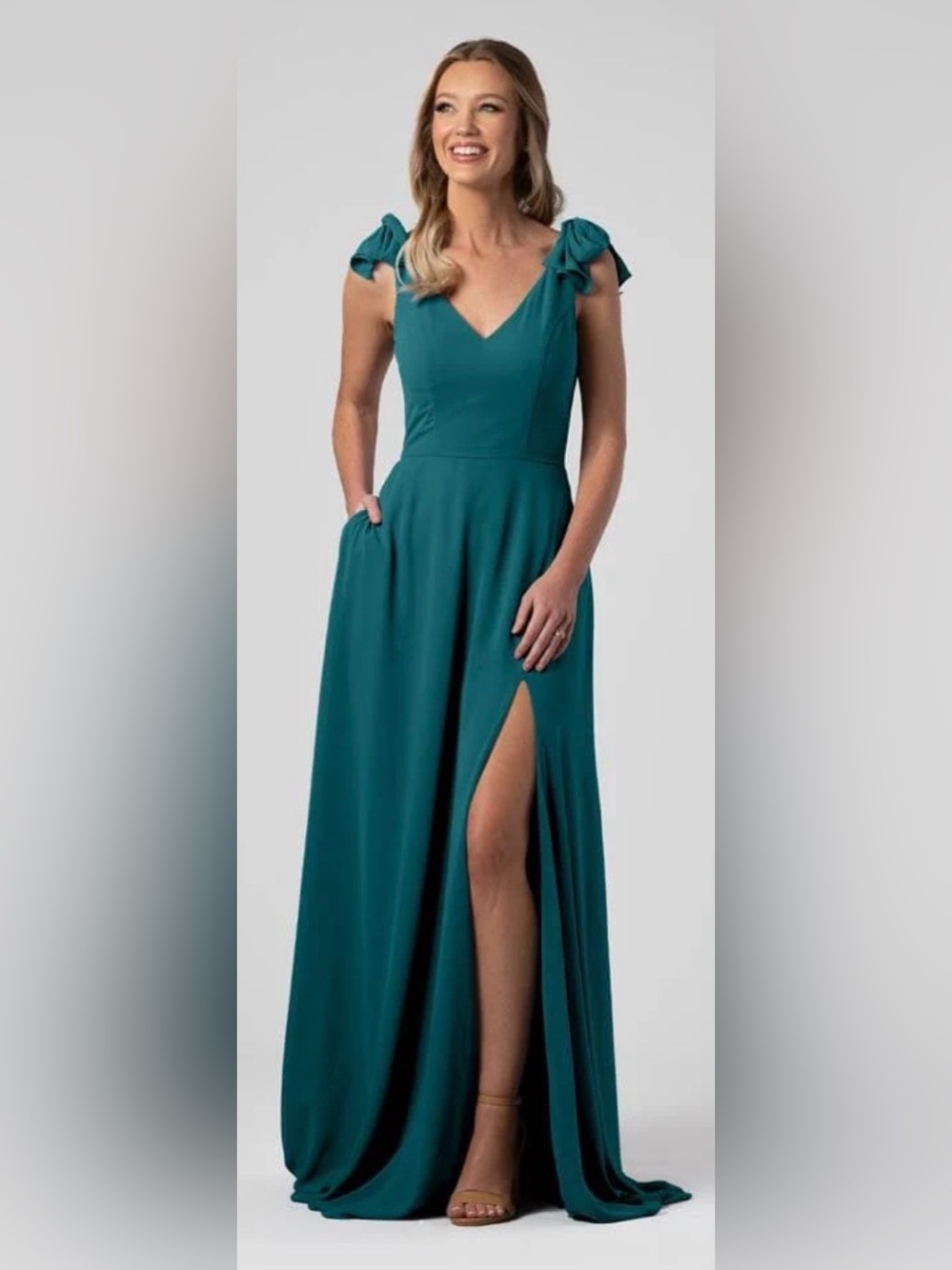 Teal V-Neck Tie-Shoulder Maxi Dress with High Slit
